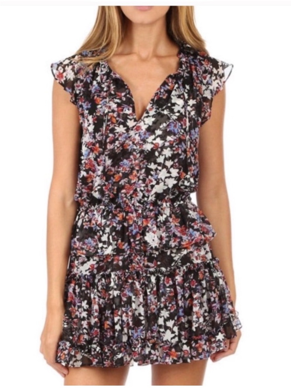 Misa Los Angeles Black Floral Ruffled Tiered Mini Dress